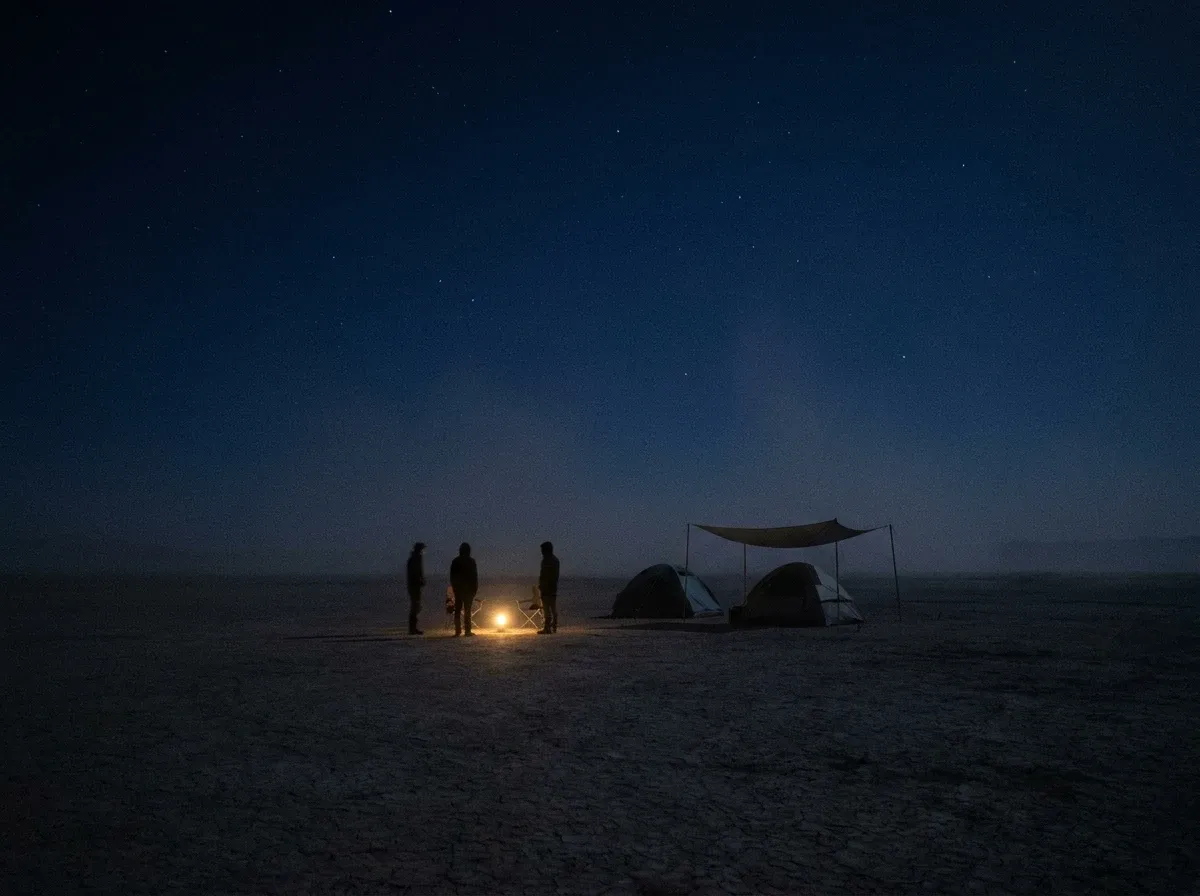 Three people stand in silhouette around a small lantern at a campsite on a dry desert lake bed at night. Two dome tents and a fabric shade structure on poles stand beside them, under a deep blue sky full of stars.