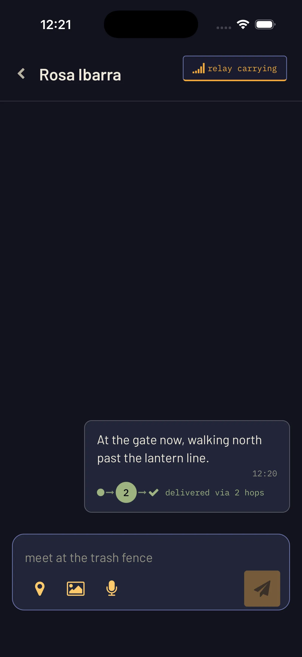 A conversation with Rosa Ibarra in the Grit Chat app. One sent message reads "At the gate now, walking north past the lantern line." Underneath it a small route graphic shows a dot, an arrow, a circle holding the numeral two, an arrow and a tick, beside the words "delivered via 2 hops".