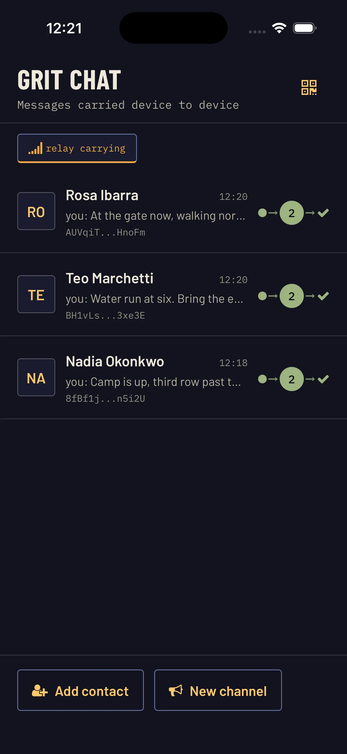 The Grit Chat conversation list with three conversations. Each row leads with a person's name, then the last message sent, then their shortened address in a monospace face, and on the right a small route graphic reading two hops with a tick.